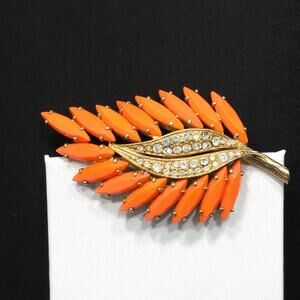 Vintage 1950s Leaf Brooch, Bright Orange Rhinestones, Gold Plated